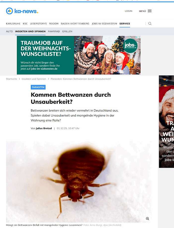 25-12-16 Screenshot von ka-news.de des Beitrags _ Kommen Bettwanzen durch Unsauberkeit?