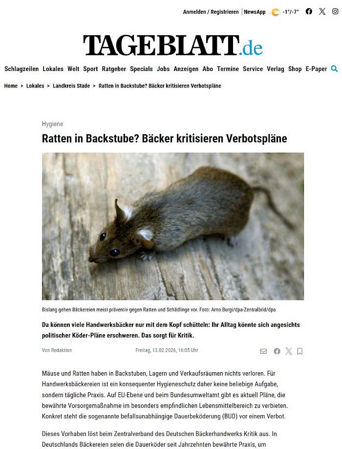 26-19-02 Screenshot von tageblatt.de des Beitrags Ratten in Backstube? Bäcker kritisieren Verbotspläne