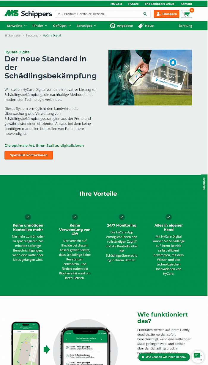 Screenshot der Webseite von MS Schippers über HyCare Digital