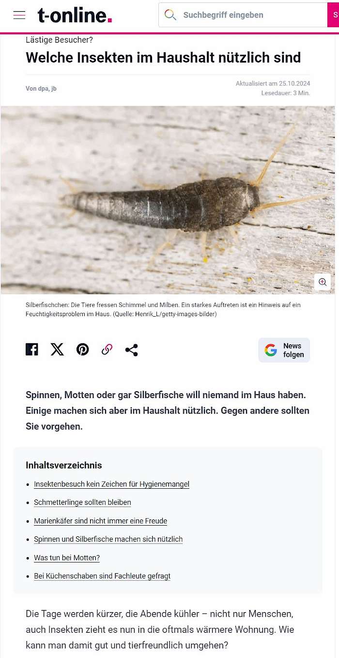 Screenshot von t-online.de des Beitrages - Welche Insekten im Haushalt nützlich sind -