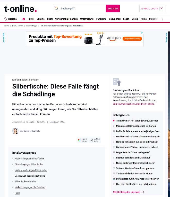24-12-19 Screenshot der Seite t-online.de Beitrag Silberfische