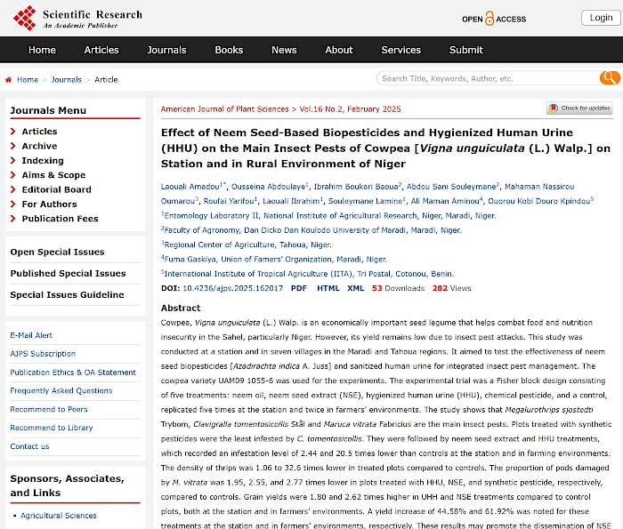 2025-04-03 Screenshot von scirp.org des Beitrages - Effect of Neem Seed-Based Biopesticides and Hygienized Human Urine (HHU) ...