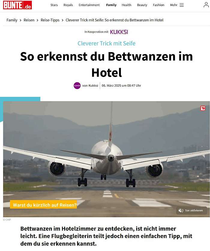 2025-04-23 Screenshot von bunte.de des Beitrags - Cleverer Trick mit Seife_ So erkennst du Bettwanzen im Hotel