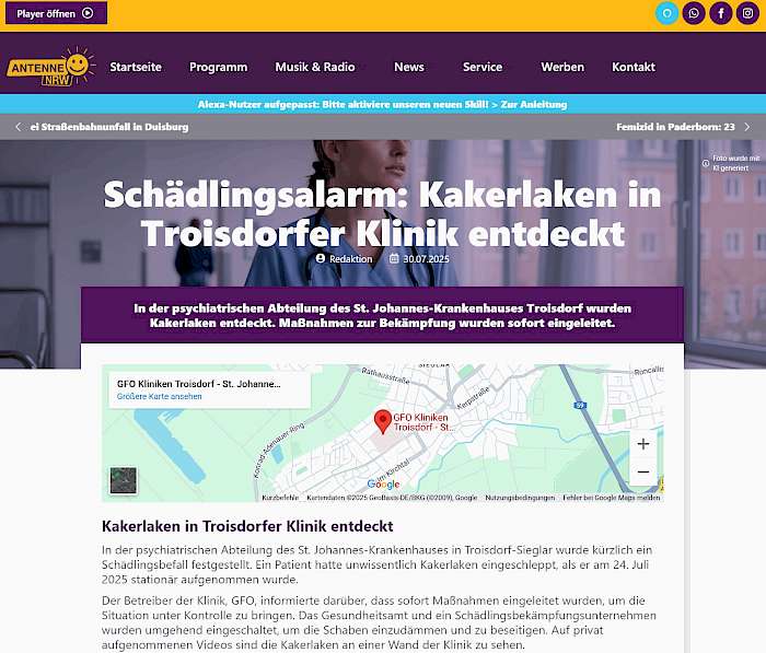 2025-08-05 Screenshot von ANTENNE NRW des Beitrags - Schädlingsalarm_ Kakerlaken in Troisdorfer Klinik entdeckt