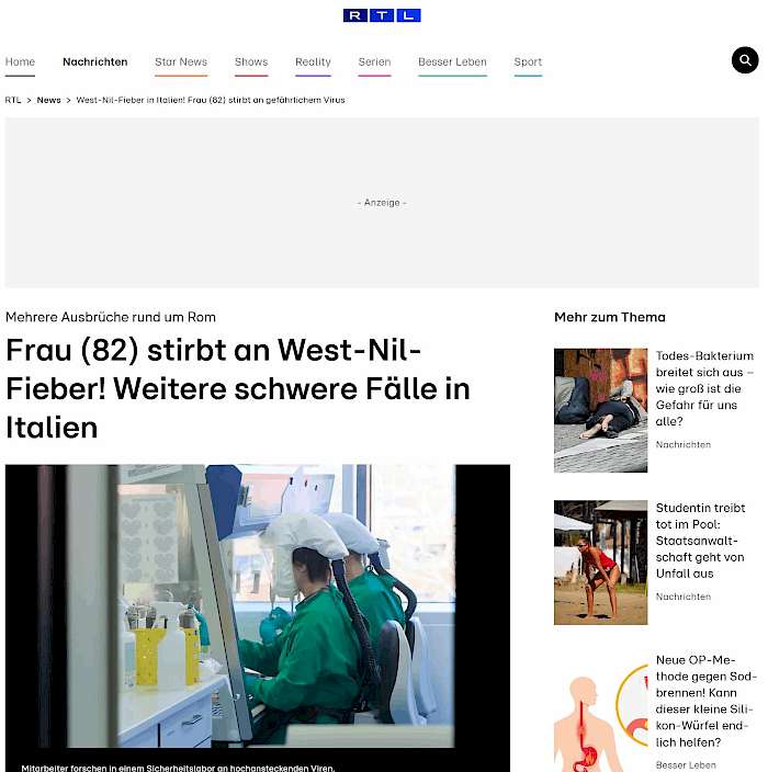 2025-08-06 Screenshot von rtl.de des Beitrages - West-Nil-Fieber in Italien! Frau (82) stirbt an gefährlichem Virus