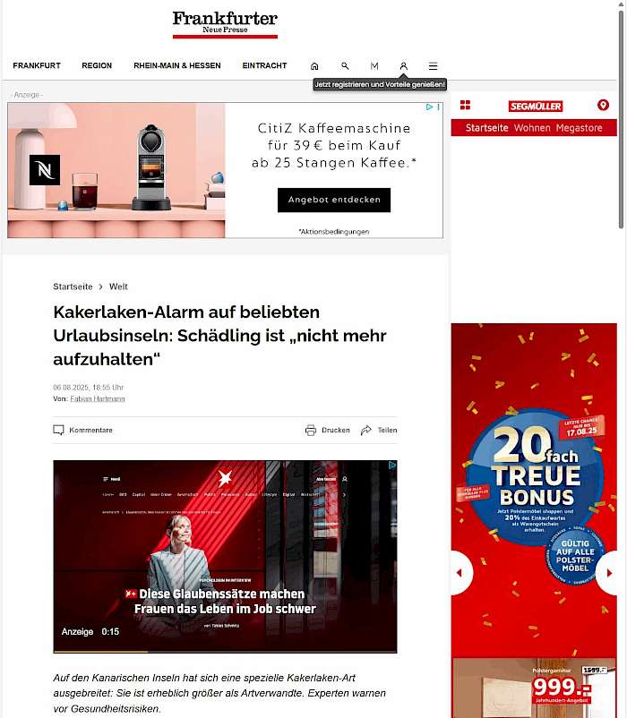 2025-08-08 Screenshot von fnp.de des Beitrags - Kakerlaken-Alarm auf beliebten Urlaubsinseln