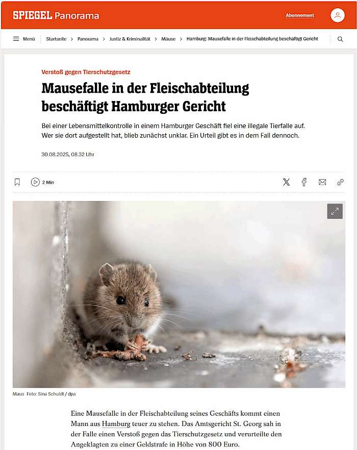 2025-09-01 Screenshot von spiegel.de des Beitrags Mausfalle in der Fleischabteilung beschäftigt Hamburger Gericht