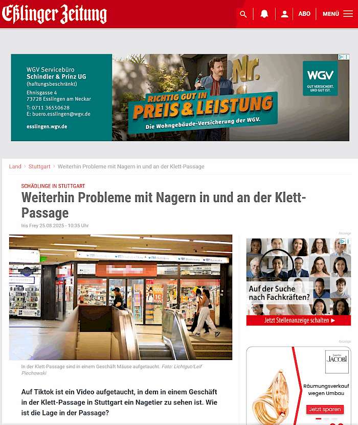 2025-09-18 Screenshot von esslinger-zeitung.de des Beitrags - Weiterhin Probleme mit Nagern in und an der Klett-Passage