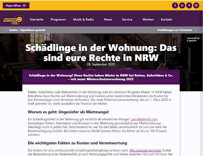 2025-10-09 Screenshot von antenne.nrw des Beitrags - Schädlinge in der Wohnung