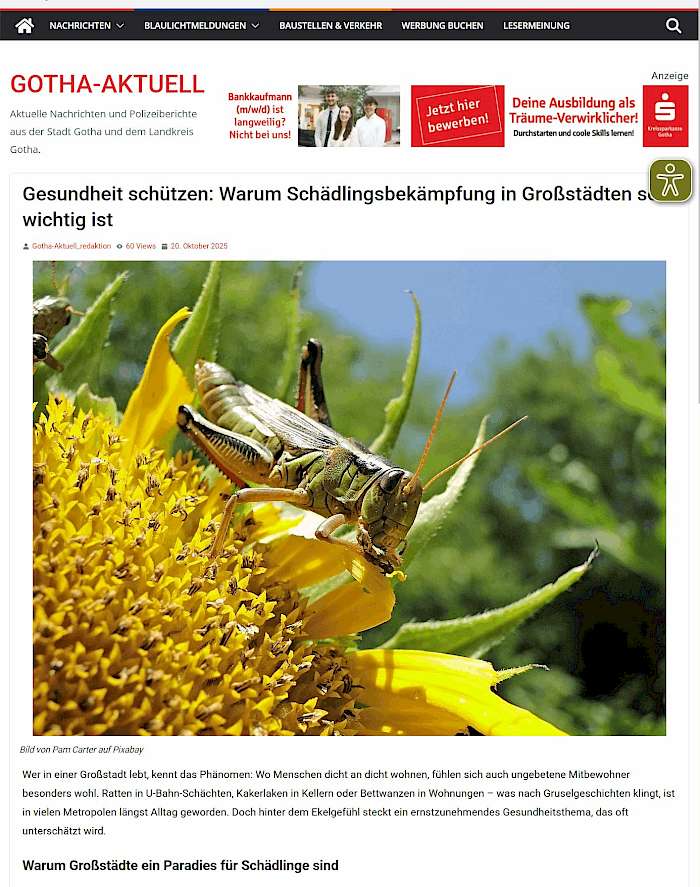 2025-10-28 Screenshot von gotha-aktuell.info des Beitrags: Warum Schädlingsbekämpfung in Großstädten so wichtig ist