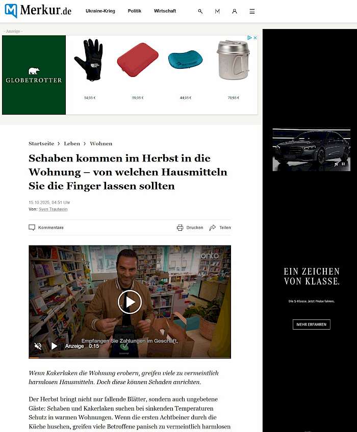 2025-10-28 Screenshot von merkur.de des Beitrags  - Schaben kommen im Herbst in die Wohnung,,,